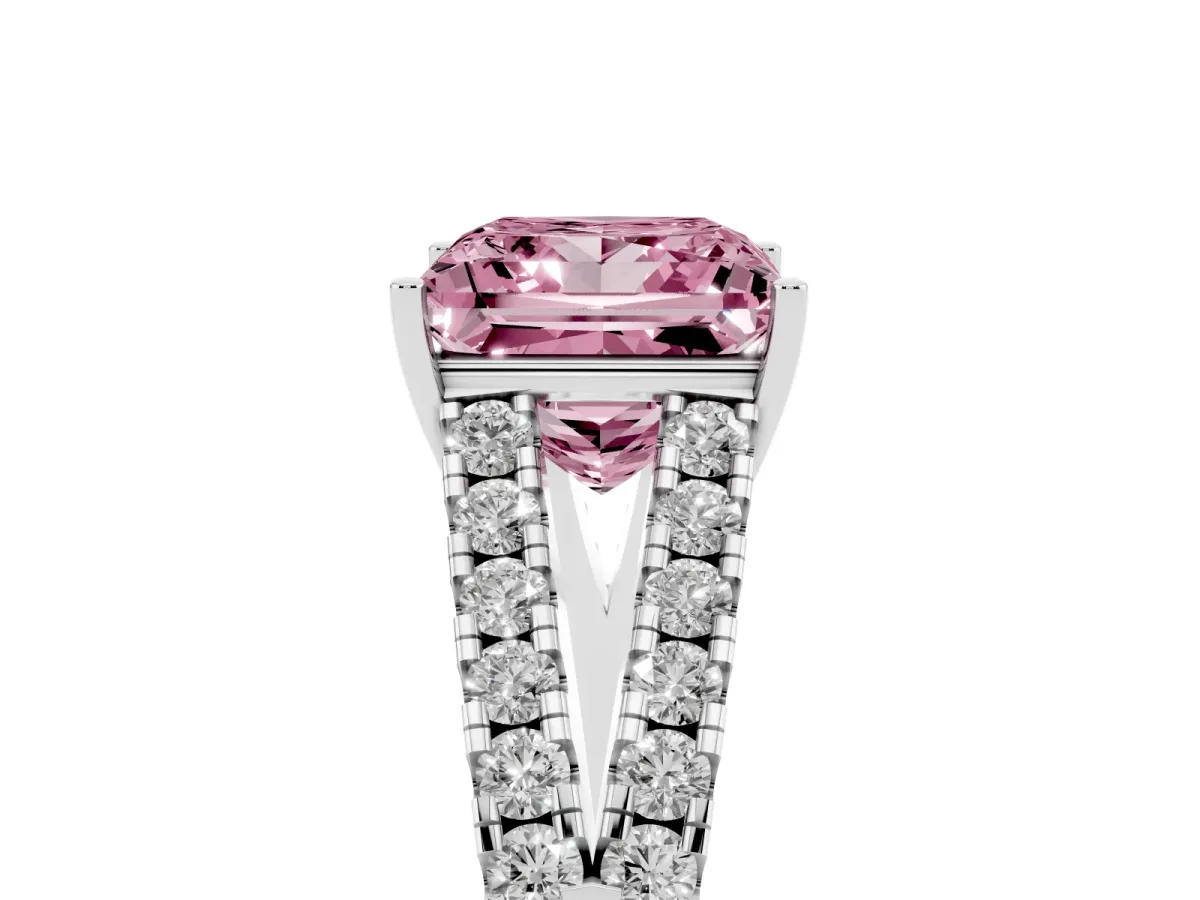 Fancy Pink Princess Cut Diamond Split Shank Engagement Ring with Round Pavé and Prong Setting Silver