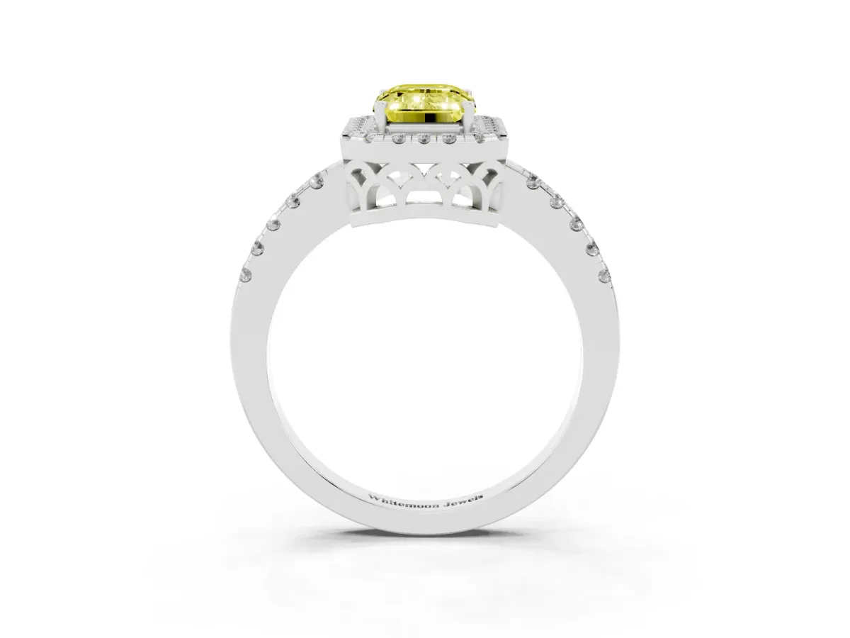 Fancy Yellow Emerald Cut Halo Diamond Engagement Ring with Pavé Band and Four-Prong Setting Silver