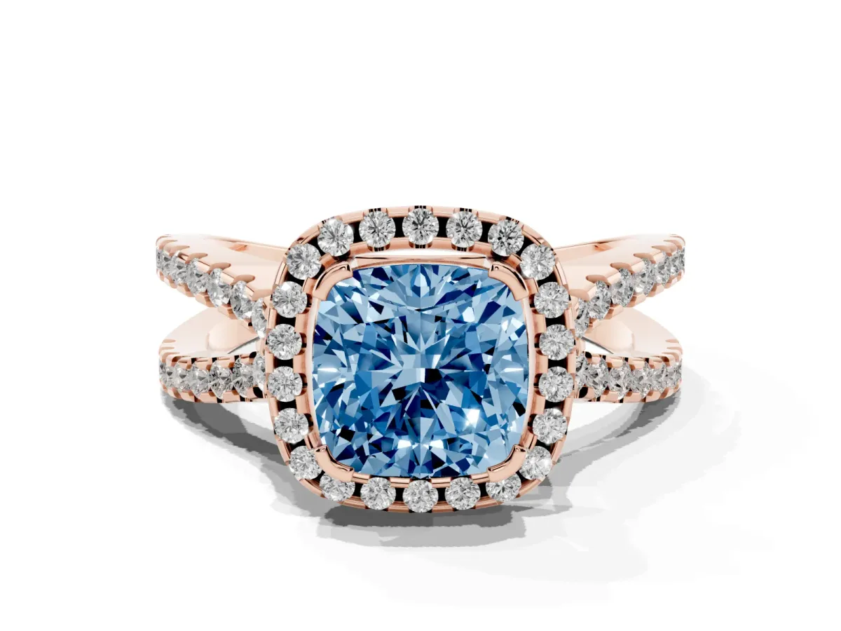 Fancy Blue Cushion Cut Diamond Halo Ring with Split Shank Pavé Band and Prong Setting Rose gold