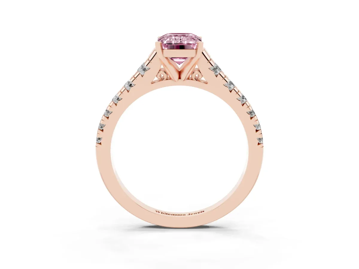 Fancy Pink Emerald Cut Diamond Cathedral Solitaire Ring with Round Pavé Band Rose gold