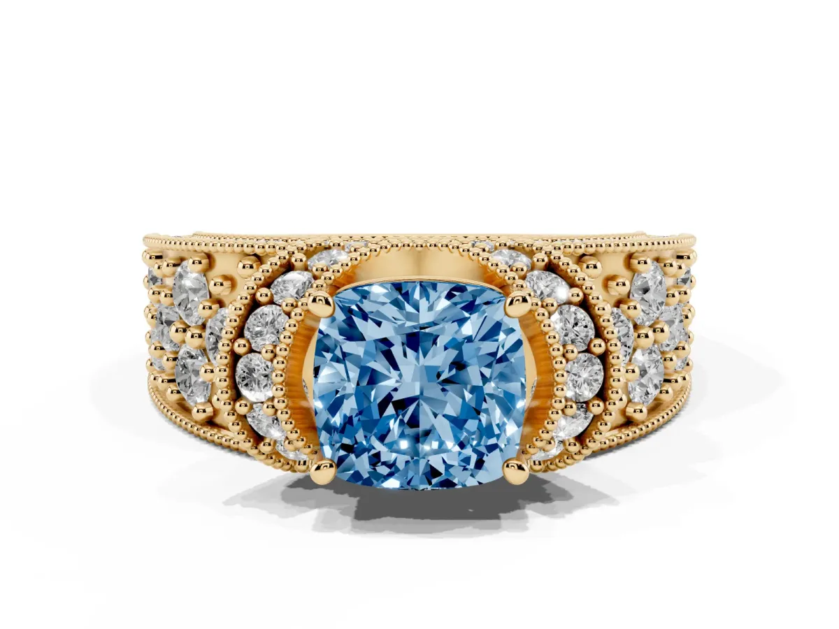 Fancy Blue Cushion Cut Halo Pave Diamond Engagement Ring with Milgrain Detailing Yellow gold