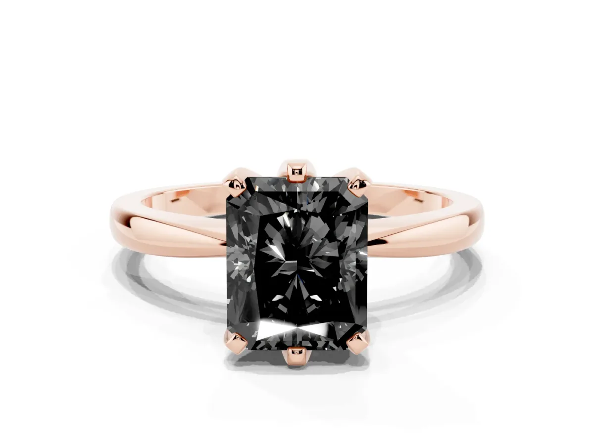 Fancy Black Radiant Cut Solitaire Engagement Ring with Six-Prong Setting and Tapered Band Rose gold