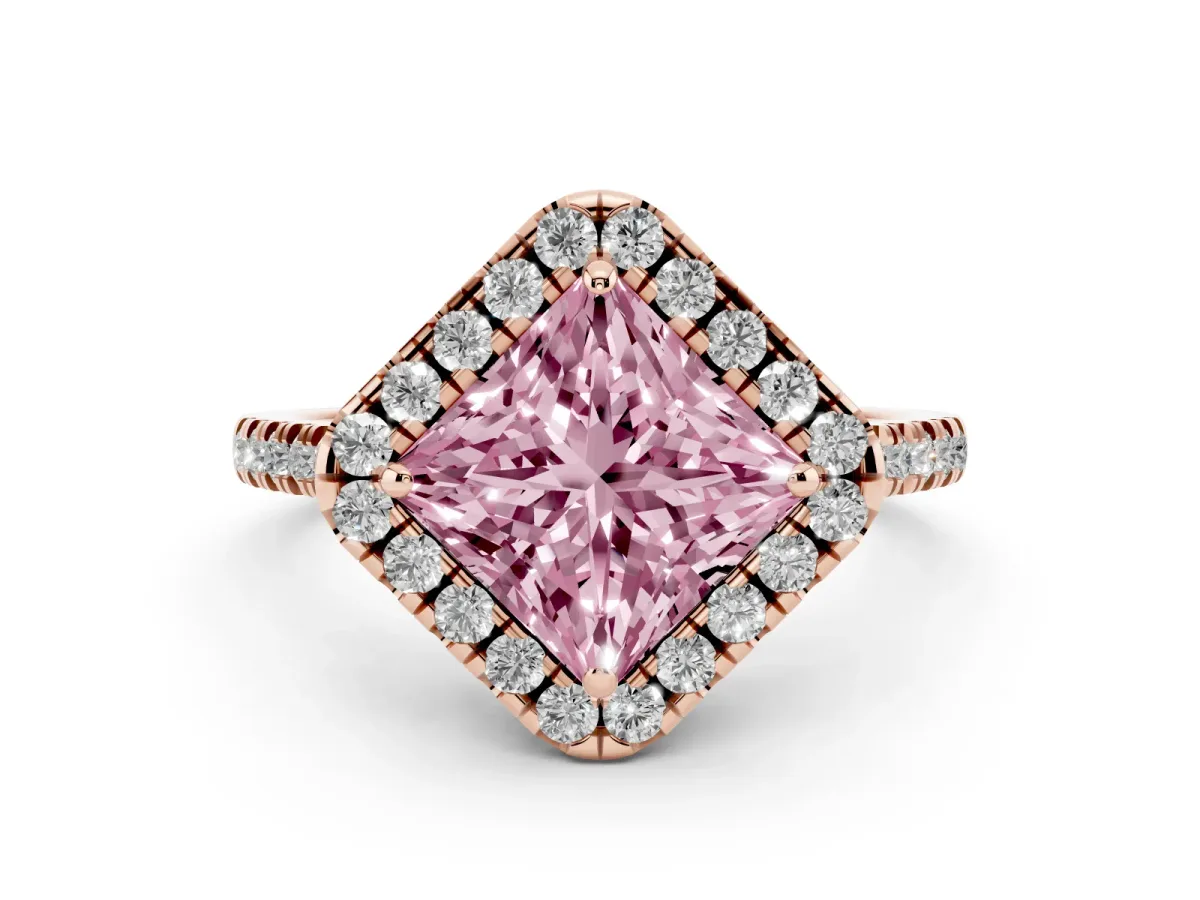 Fancy Pink Princess Cut Diamond Cushion Halo Ring with Pavé Band Rose gold