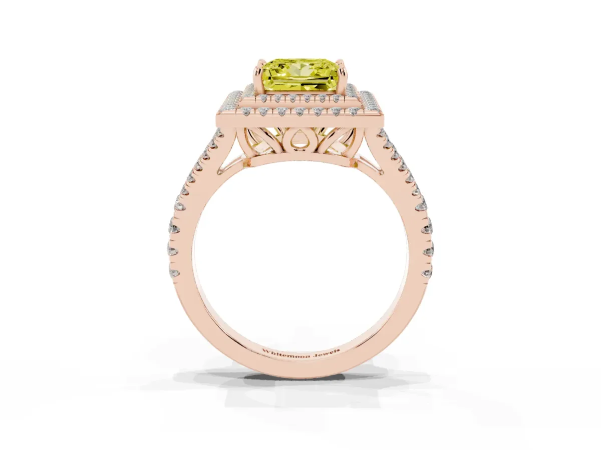 Fancy Yellow Princess Cut Diamond Double Halo Ring with Pavé Band and Prong Setting Rose gold