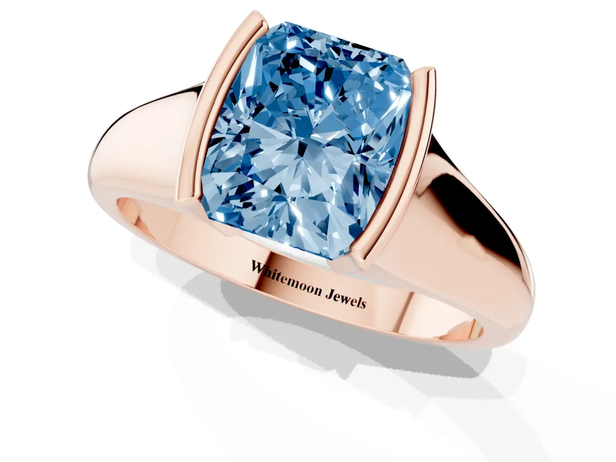 Fancy Blue Radiant Cut Solitaire Tension Set Diamond Ring with Split Shank Band Rose gold