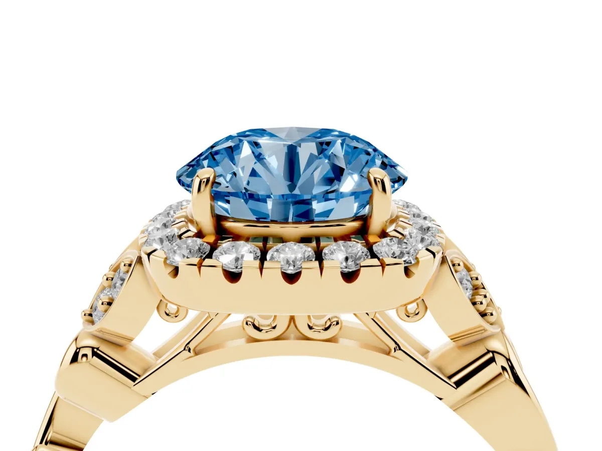 Fancy Blue Round Cut Halo Diamond Engagement Ring with Vintage-Inspired Band and Four-Prong Setting Yellow gold