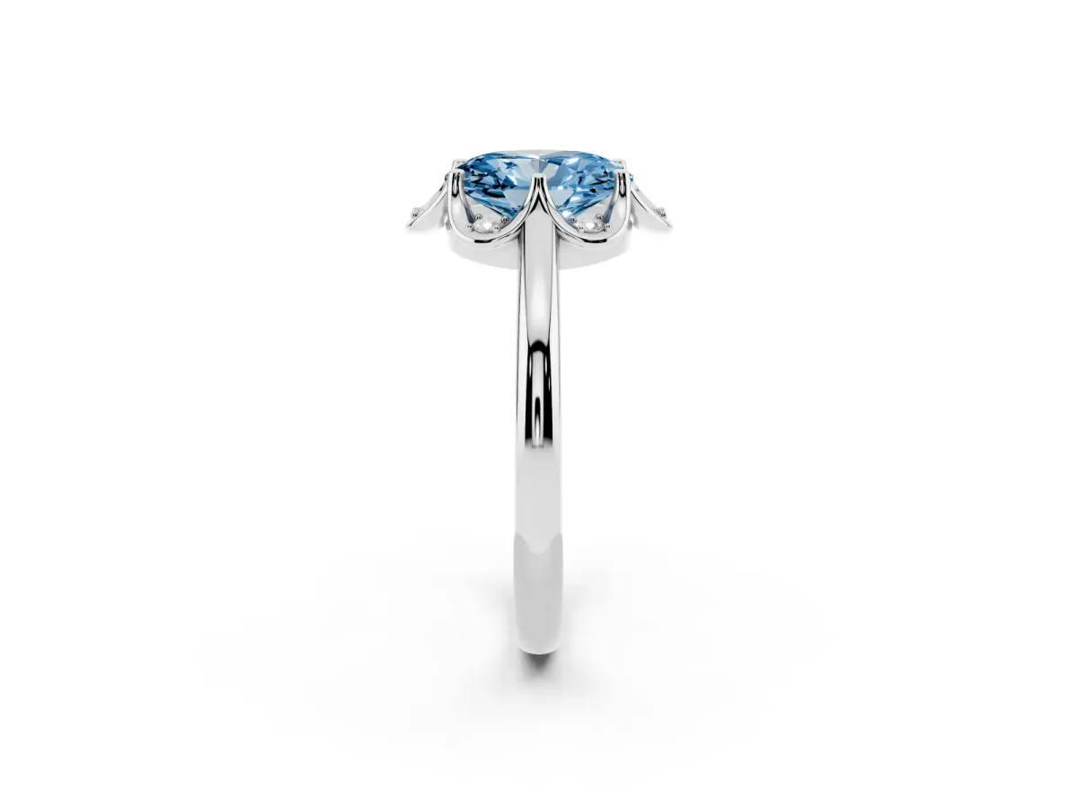 Fancy Blue Oval Cut Halo Diamond Ring with Round Cluster Setting, Solitaire Band, and Four-Prong Setting Silver