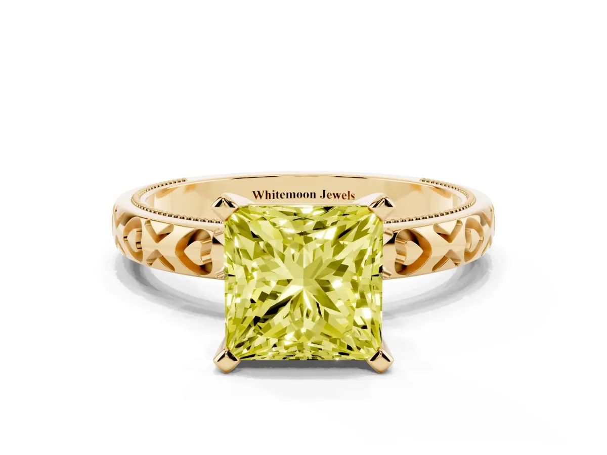 Fancy Yellow Princess Cut Solitaire Diamond Engagement Ring with XO Engraved Band and Four-Prong Setting Yellow gold
