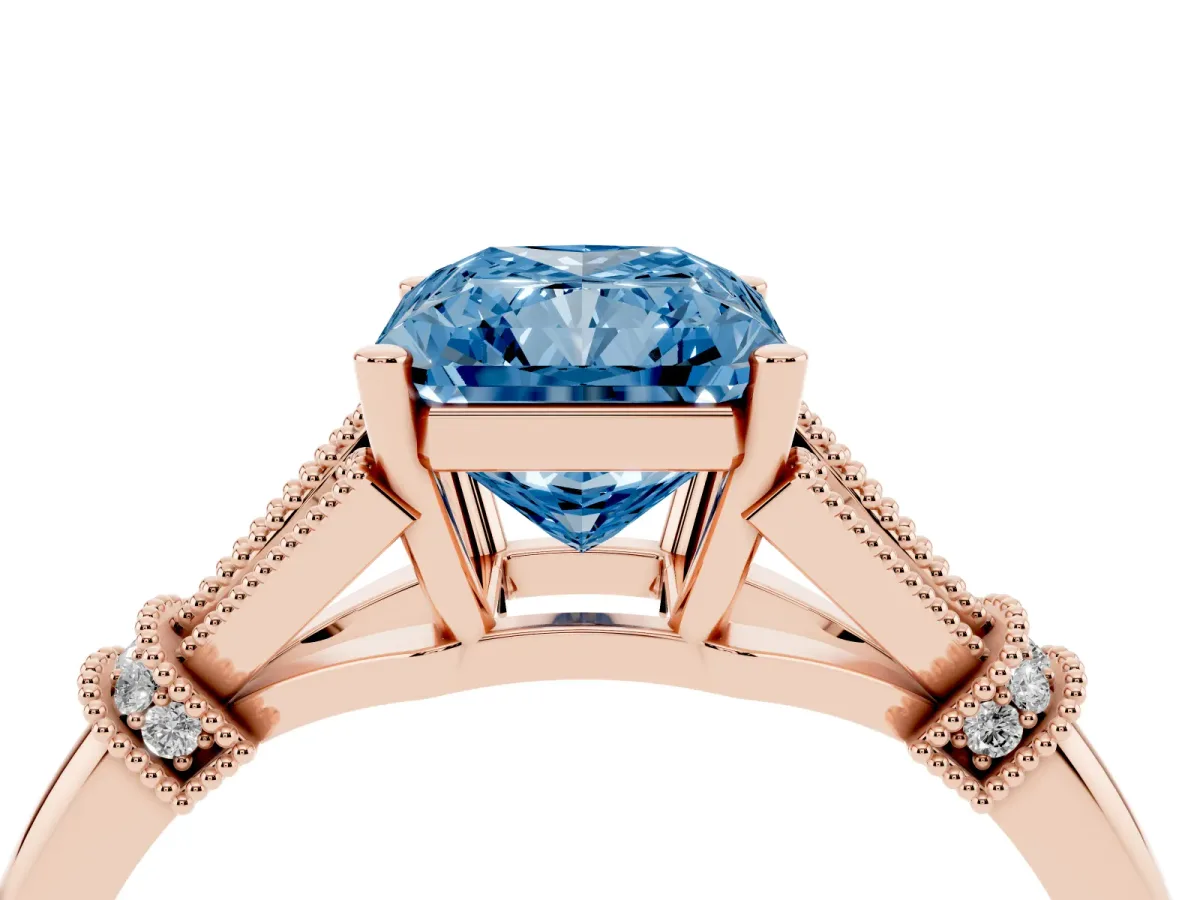 Fancy Blue Radiant Cut Diamond Solitaire Ring with Floral Filigree and Pave Accents Rose gold