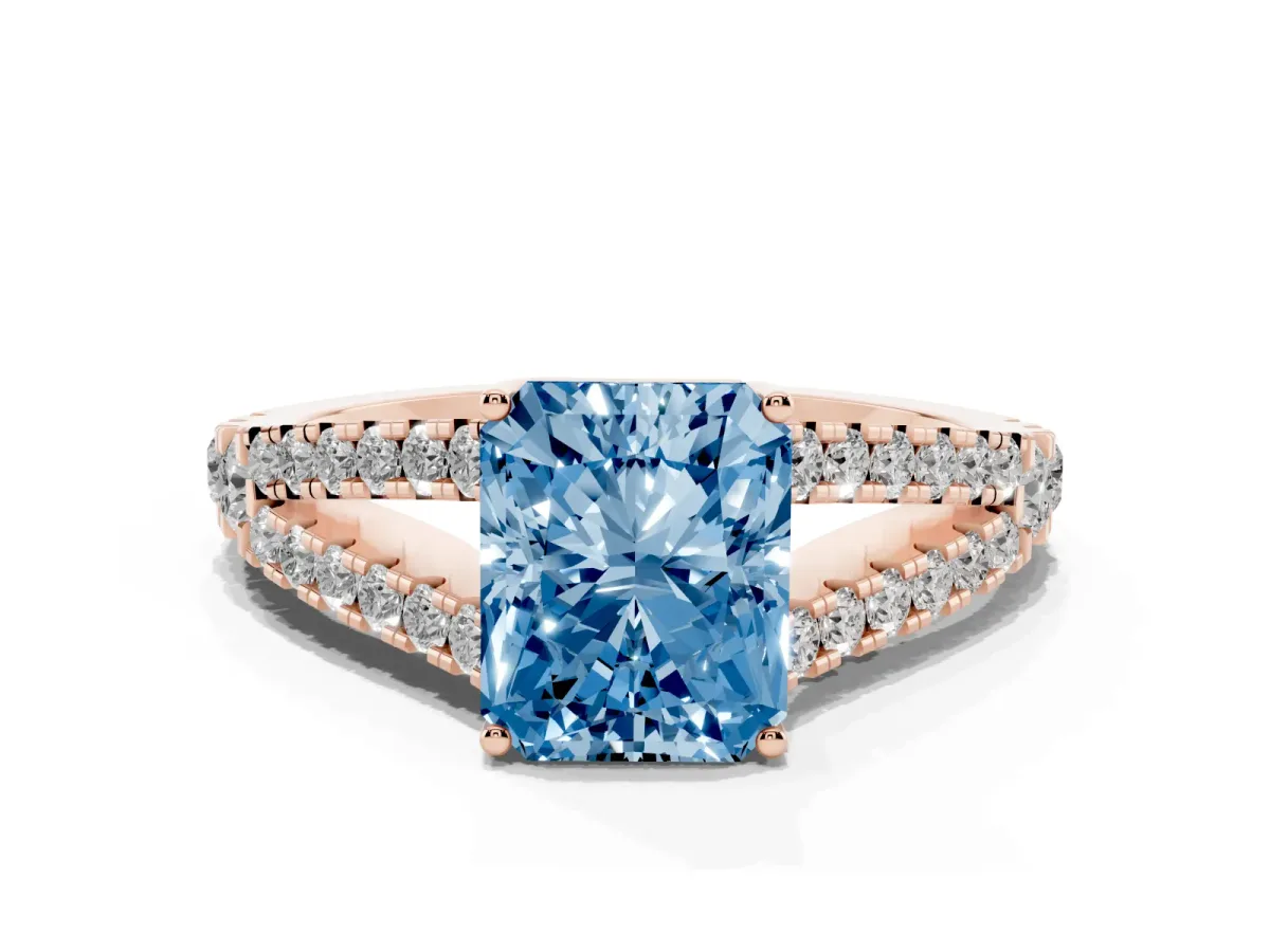 Fancy Blue Radiant Cut Diamond Split Shank Pavé Engagement Ring with Four-Prong Setting Rose gold