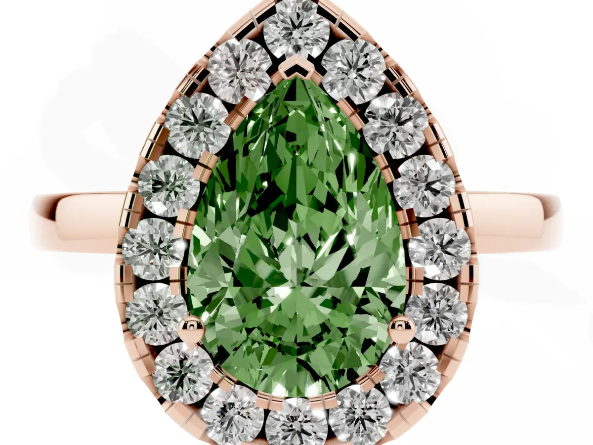 Fancy Green Pear Cut Halo Diamond Solitaire with Pavé Band and Four-Prong Setting Rose gold