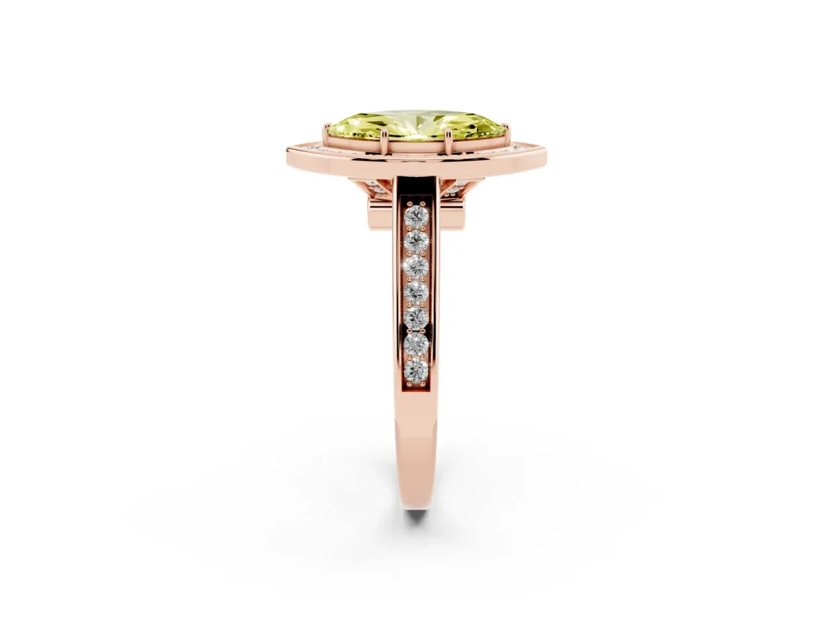 Fancy Yellow Marquise Cut Halo Solitaire Diamond Ring with Pave Band and Bezel Setting Rose gold