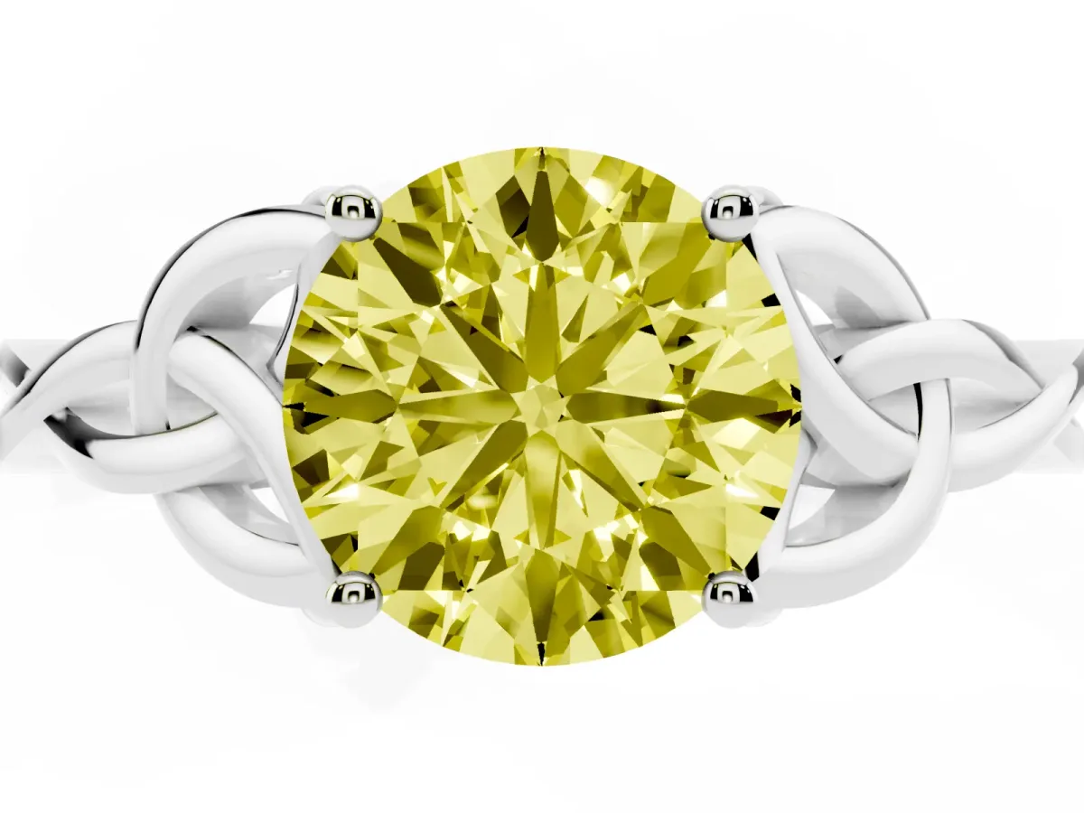 Fancy Yellow Round Cut Diamond Solitaire Engagement Ring with Celtic Knot Band and Four-Prong Setting White gold