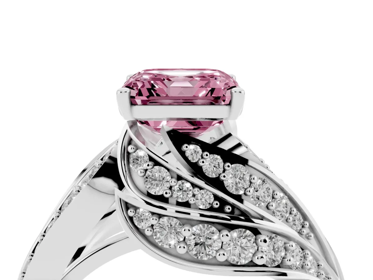 Fancy Pink Asscher Cut Diamond Solitaire Ring with Prong Setting and Twisted Pavé Band Silver