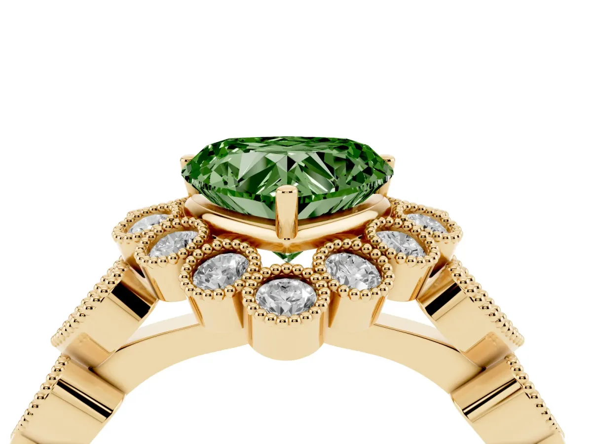 Fancy Green Heart Cut Brilliant Milgrain Pave Heart Band Solitaire Ring Yellow gold