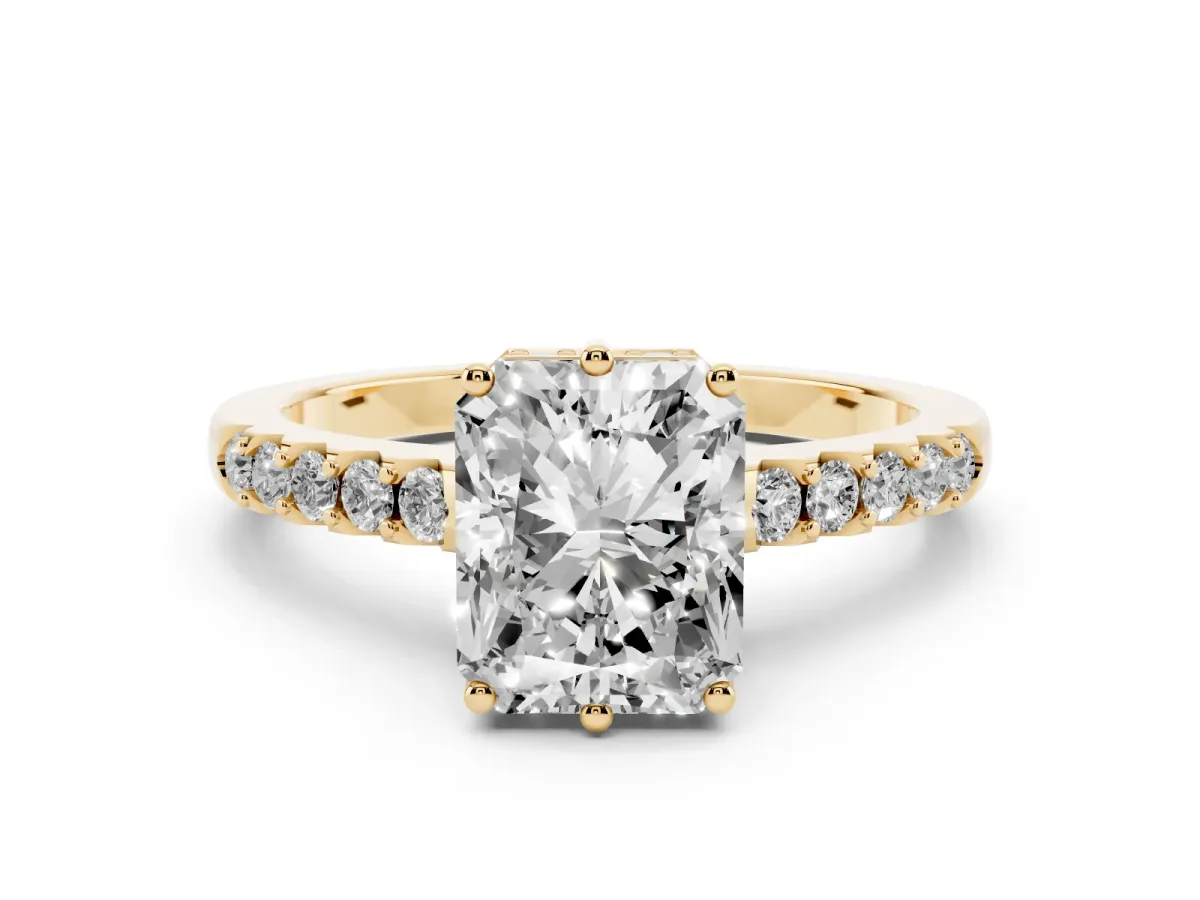 Radiant Cut Solitaire Diamond Engagement Ring with Pavé Band and Six-Prong Setting Yellow gold
