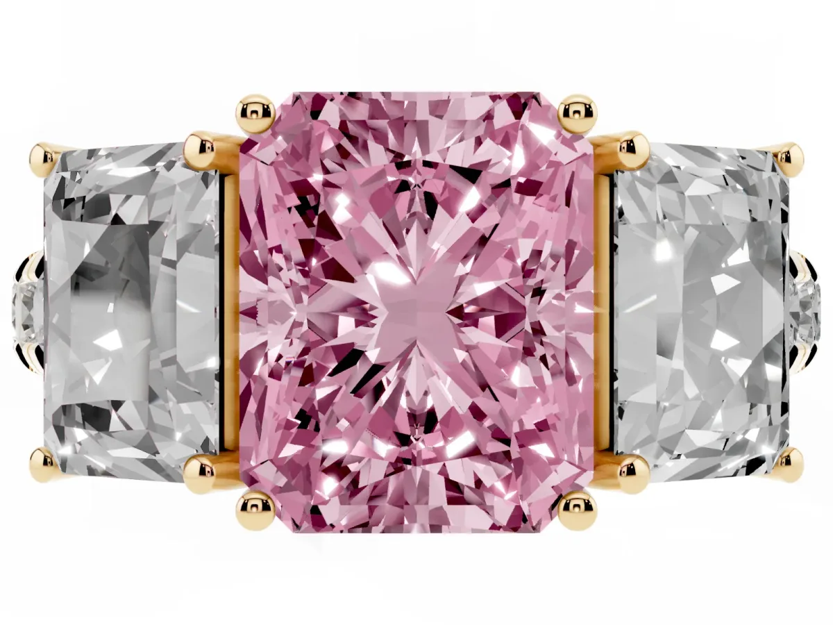Fancy Pink Three-Stone Radiant Cut Diamond Pavé Band with Prong Setting Yellow gold