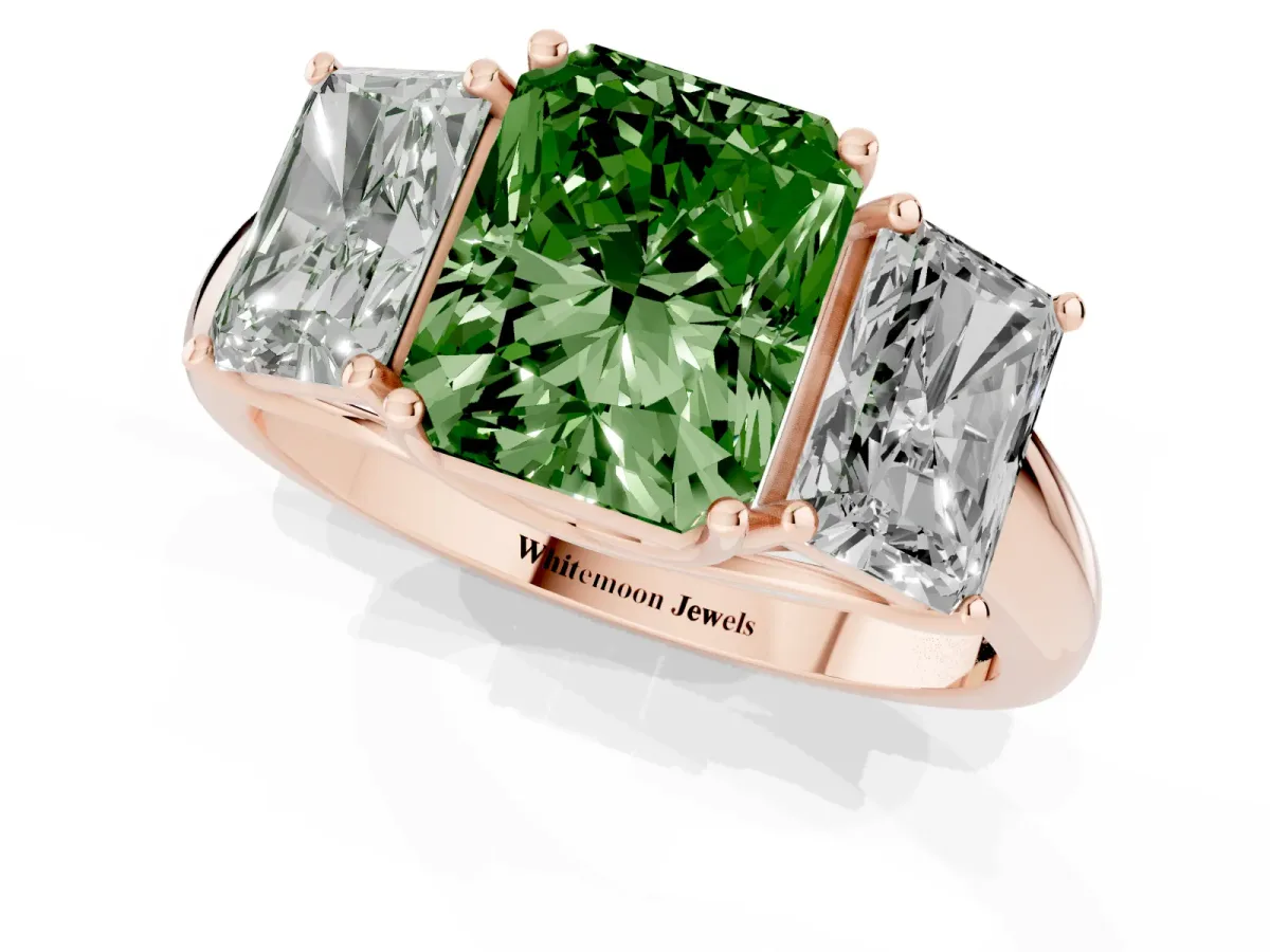 Fancy Green Three-Stone Radiant Cut Diamond Engagement Ring with Prong Setting Rose gold