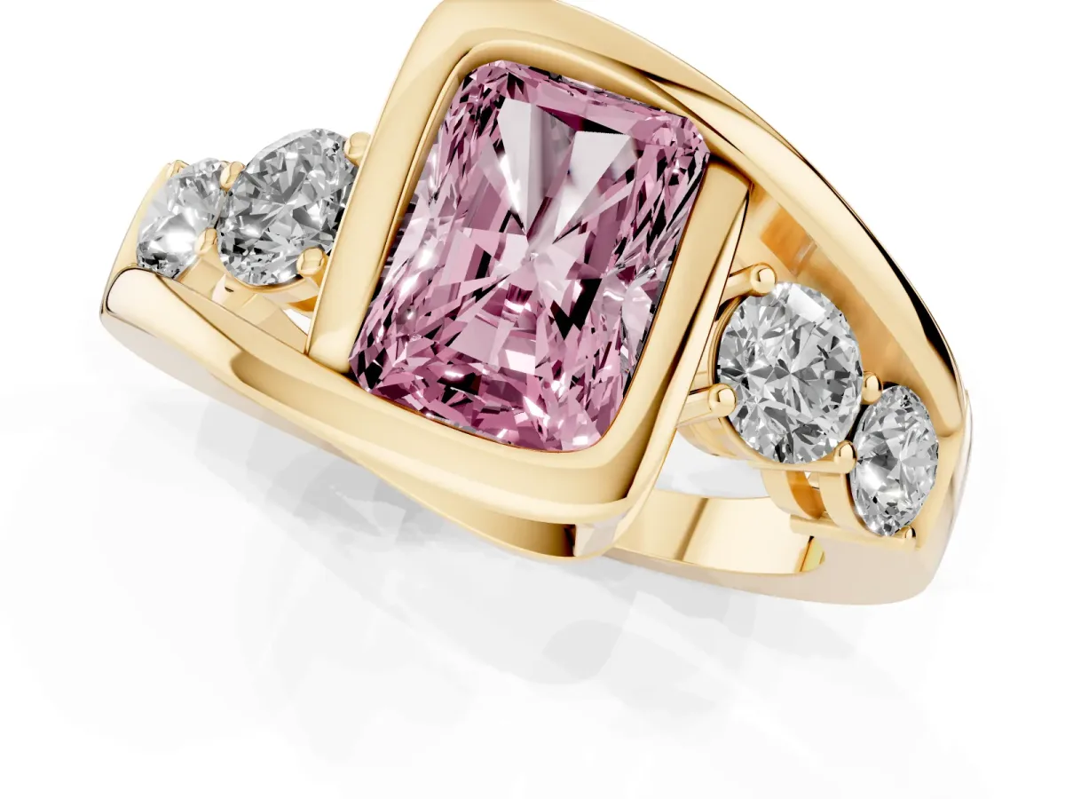 Fancy Pink Bezel Set Radiant Cut Diamond Bypass Ring with Round Accents Yellow gold