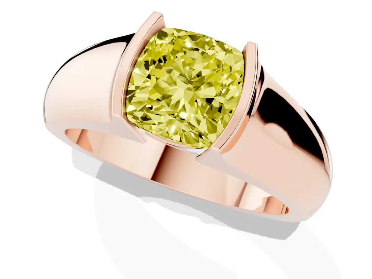 Fancy Yellow Cushion Cut Solitaire Bezel Set Diamond Ring with Wide Band Rose gold
