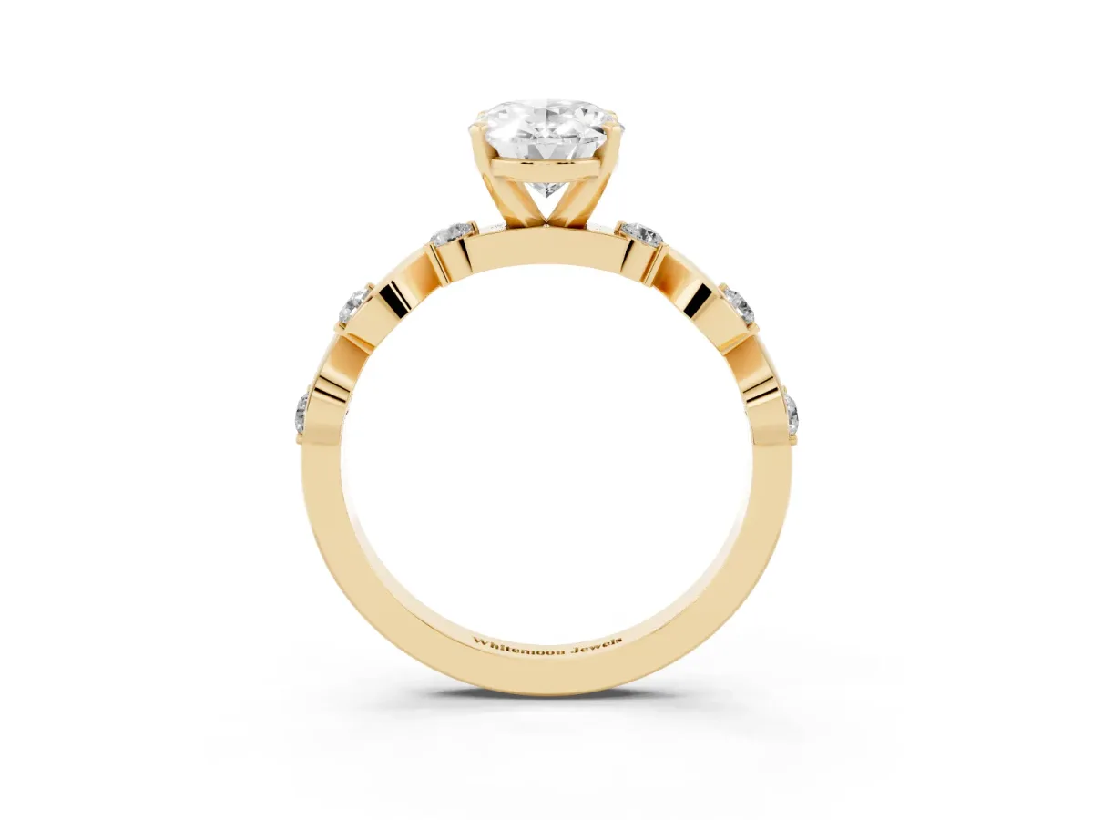 Oval Cut Diamond Solitaire Twisted Band with Round Accents and Prong Setting Yellow gold