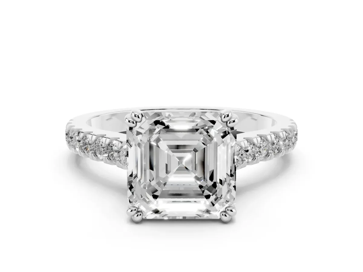 Asscher Cut Solitaire Pave Diamond Engagement Ring with Prong Setting Silver