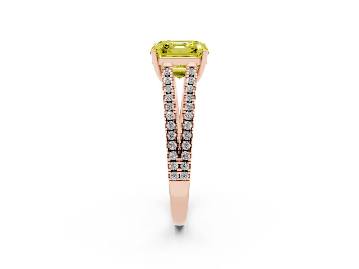 Fancy Yellow Asscher Cut Diamond Solitaire Engagement Ring with Split Shank Pavé Band Rose gold