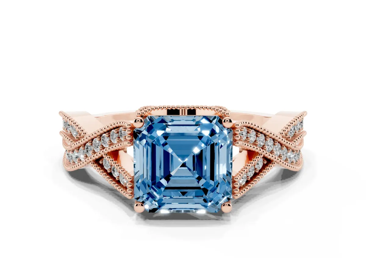 Fancy Blue Asscher Cut Cut Diamond Twisted Band with Milgrain Pave Setting and Four-Prong Setting Rose gold