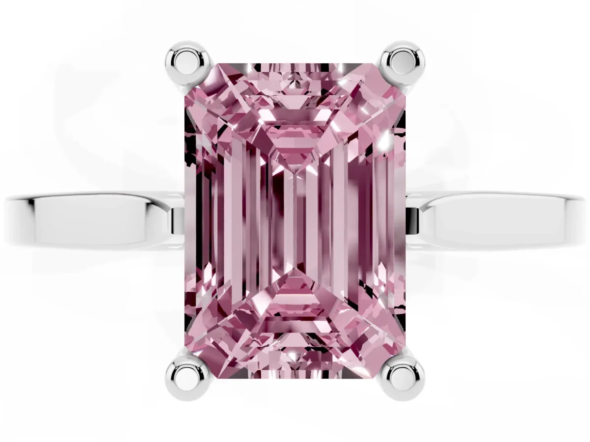 Fancy Pink Emerald Cut Solitaire Diamond Ring with Four-Prong Setting and Tapered Band Platinum