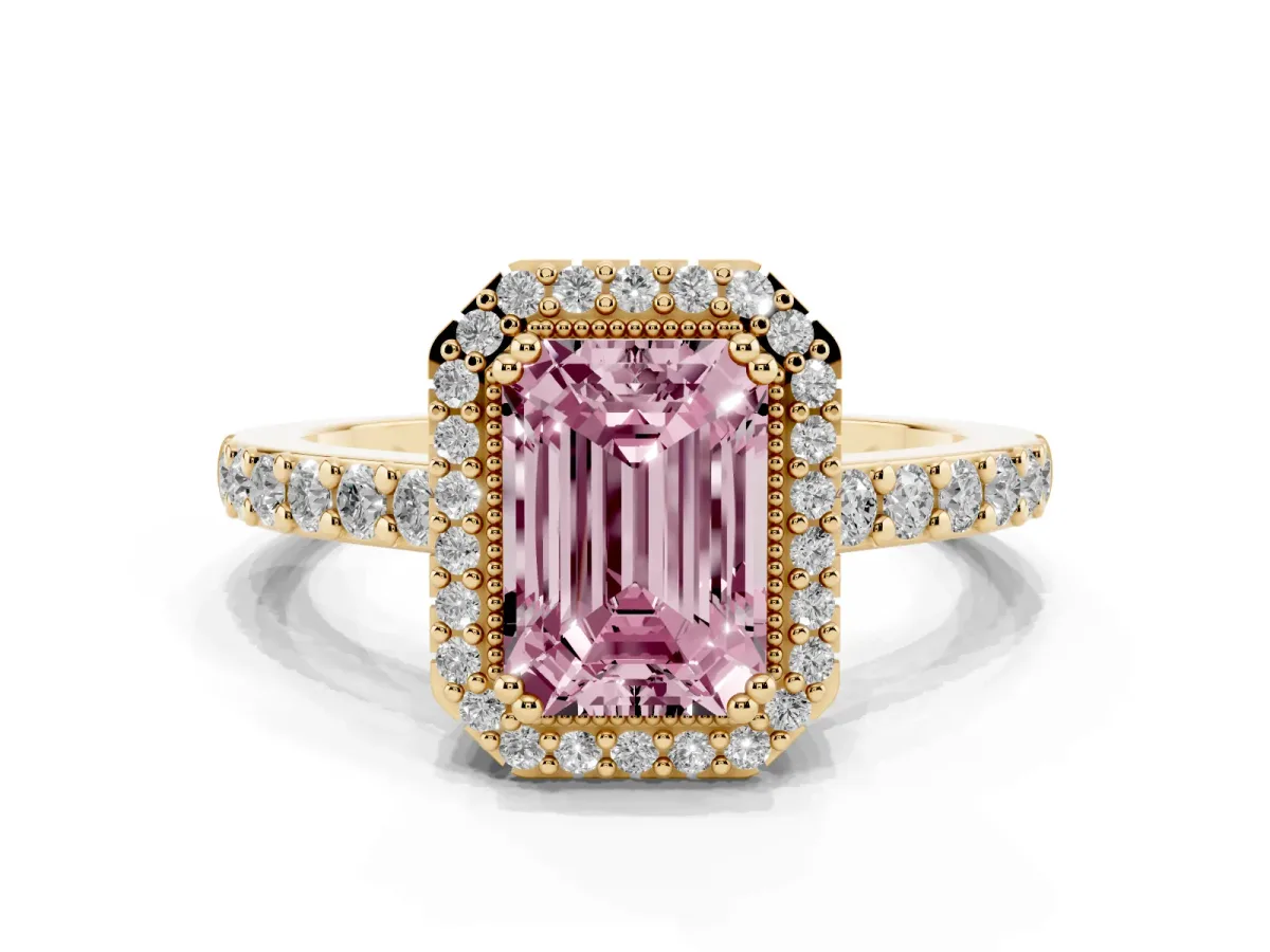 Fancy Pink Emerald Cut Cut Diamond Halo Engagement Ring with Milgrain Detail and Pavé Band Yellow gold