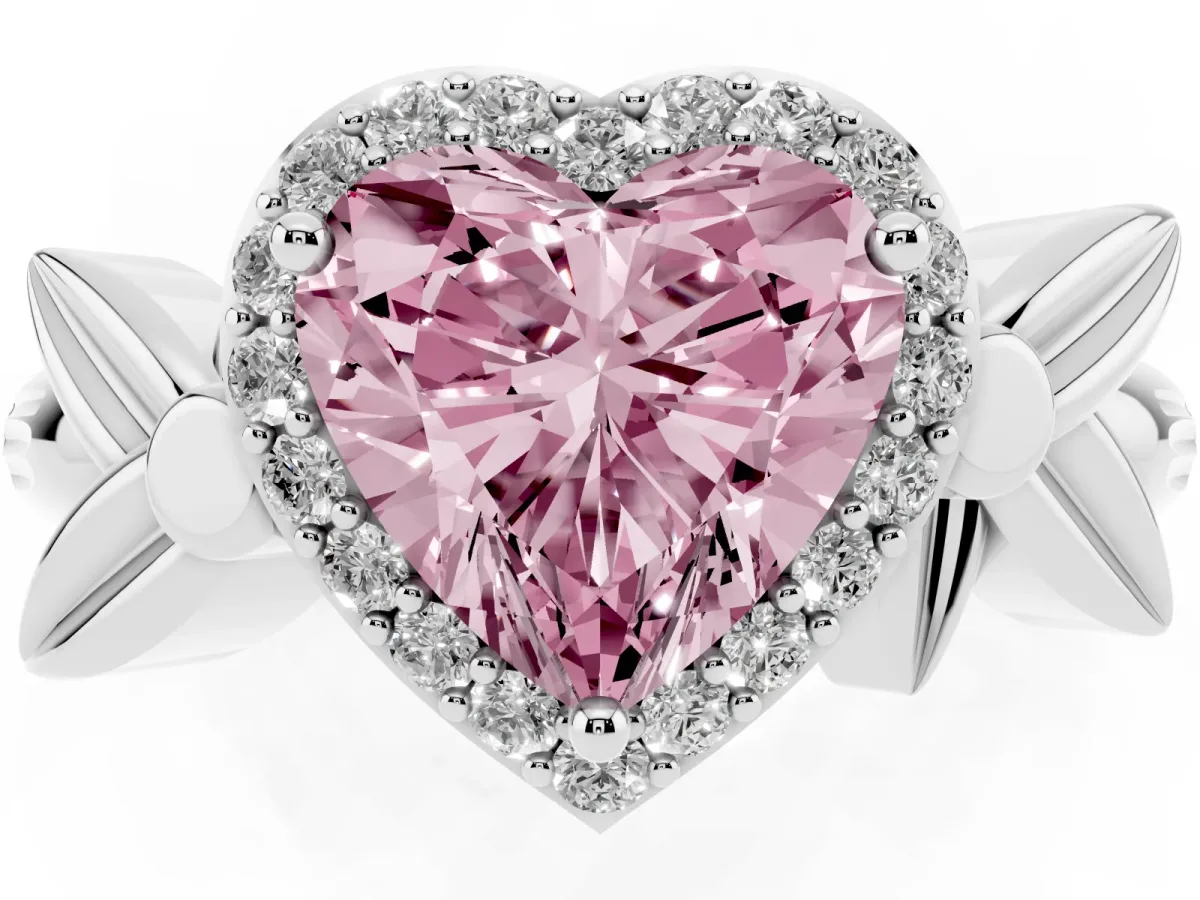 Fancy Pink Heart Cut Halo Diamond Floral Band with Four-Prong Setting Silver