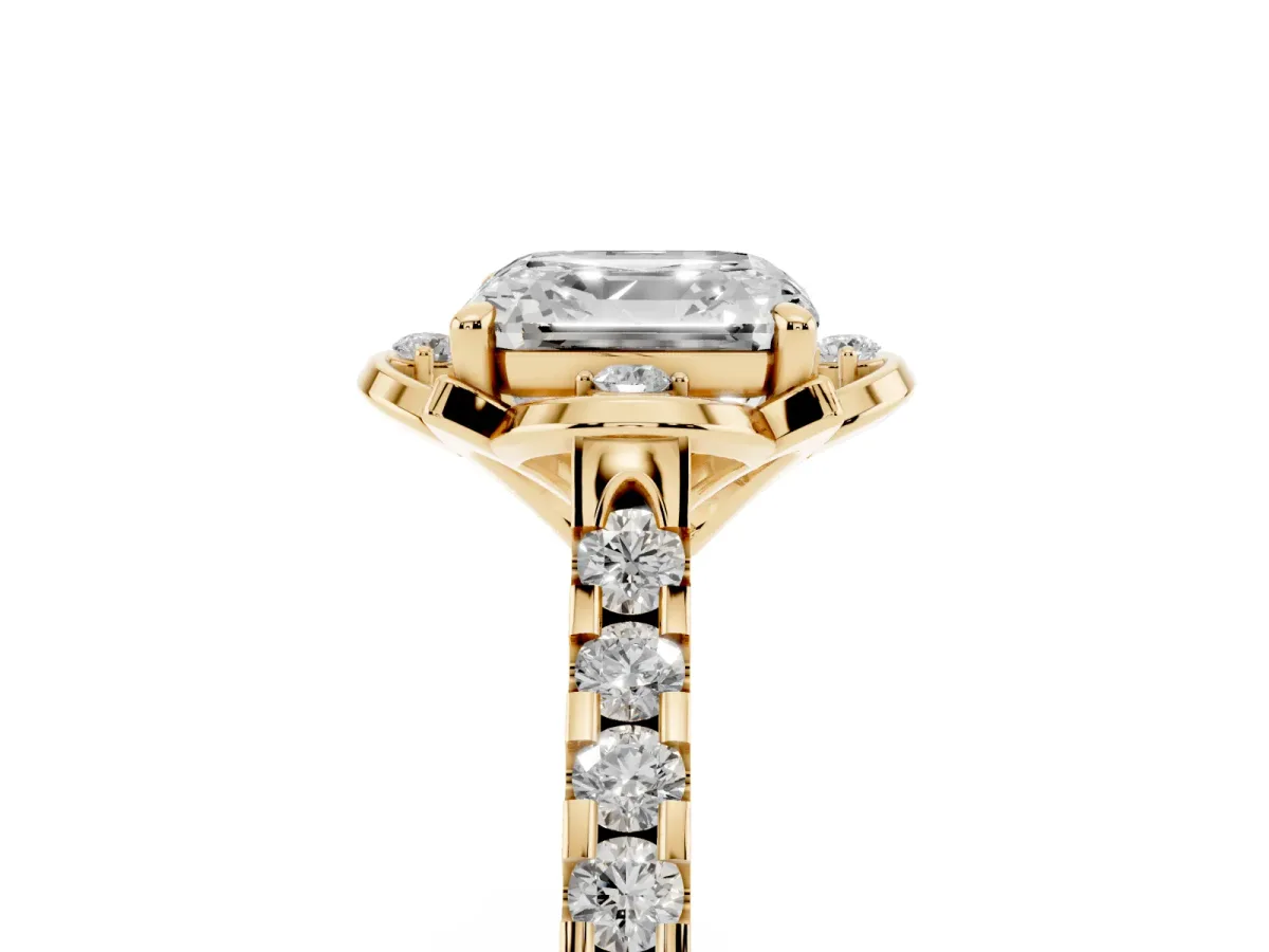 Asscher Cut Diamond Ring with Pavé Band and Floral Prong Setting Yellow gold