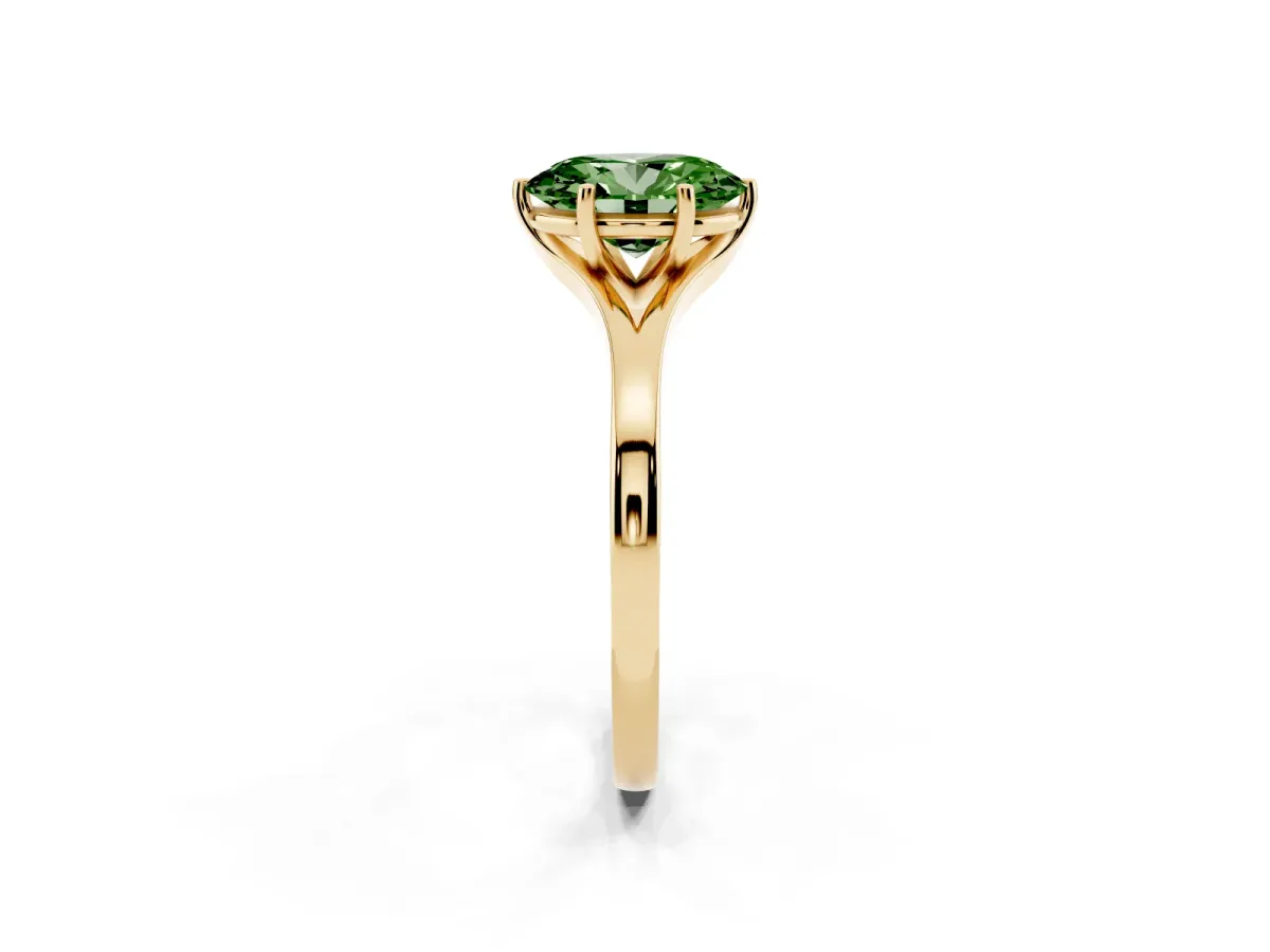 Fancy Green Oval Cut Solitaire Diamond Ring with Six-Prong Setting and Tapered Band Yellow gold
