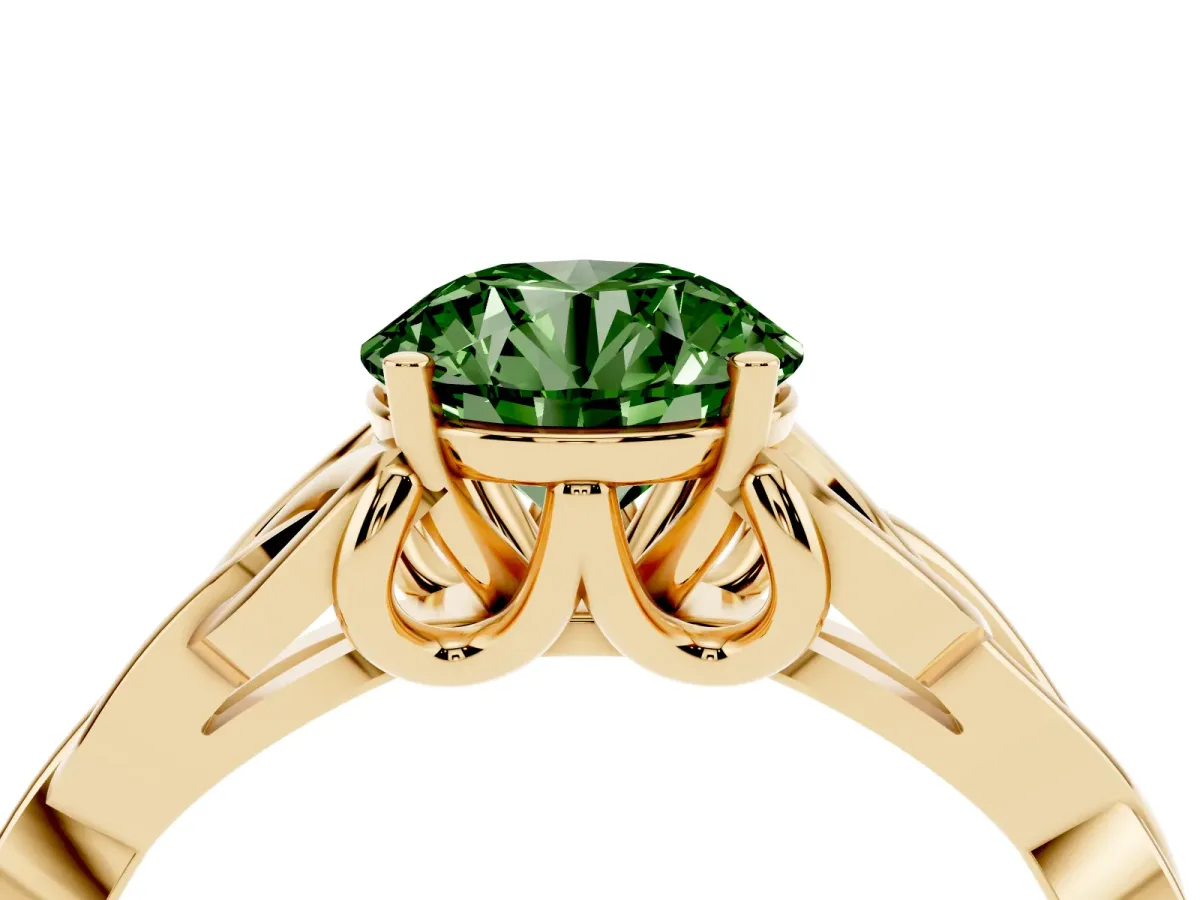 Fancy Green Round Cut Diamond Solitaire Engagement Ring with Celtic Knot Band and Four-Prong Setting Yellow gold