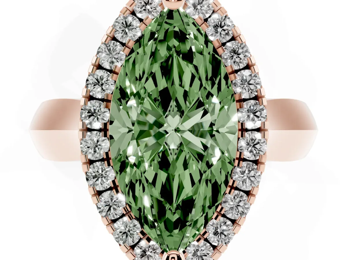 Fancy Green Marquise Cut Cut Halo Solitaire Engagement Ring with Square Band and Four-Prong Setting Rose gold