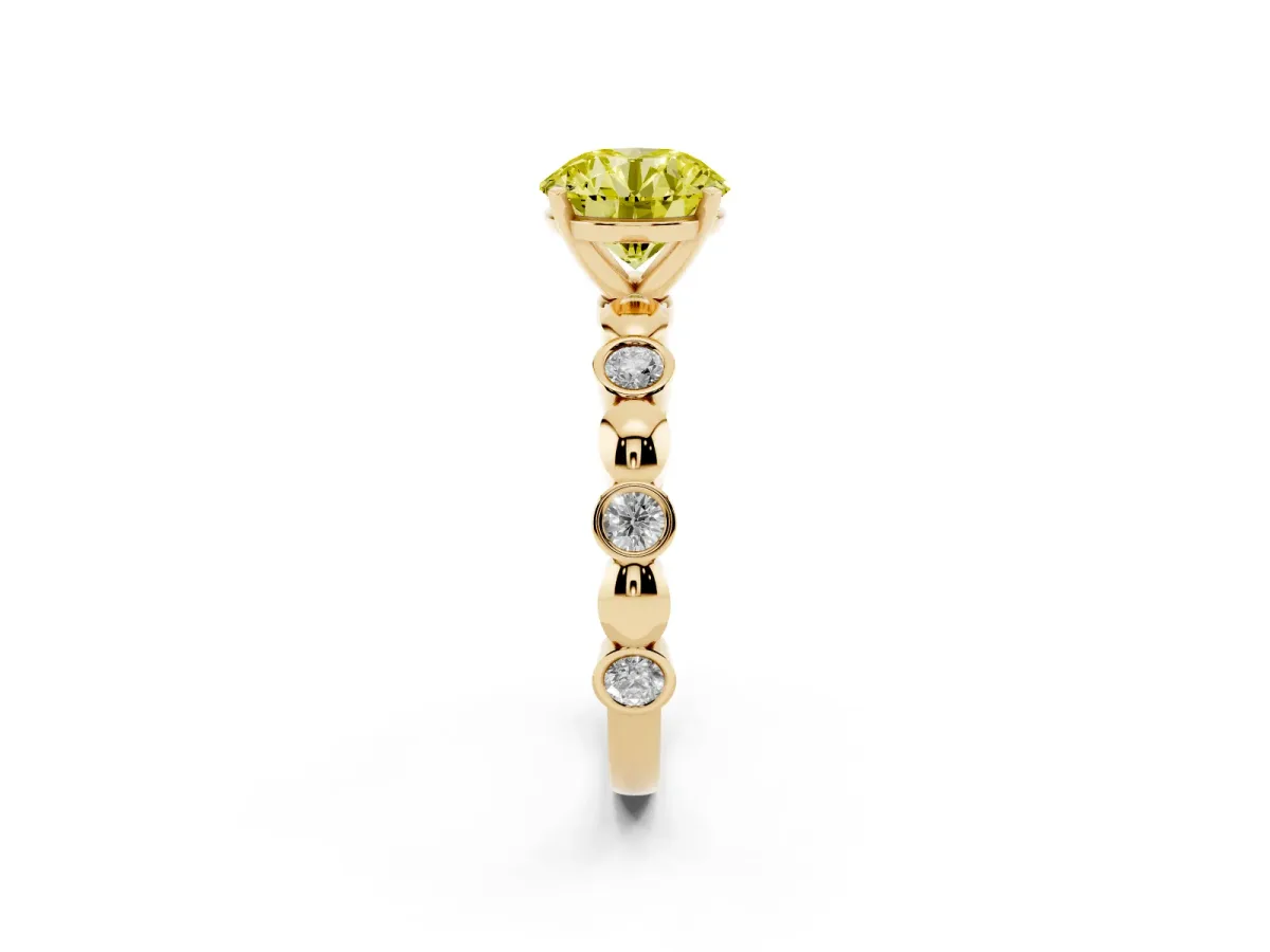 Fancy Yellow Round Cut Solitaire Bezel-Set Diamond Ring with Beaded Band and Four-Prong Setting Yellow gold
