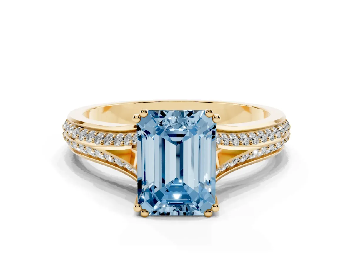 Fancy Blue Emerald Cut Diamond Split Shank Engagement Ring with Pavé Band Yellow gold