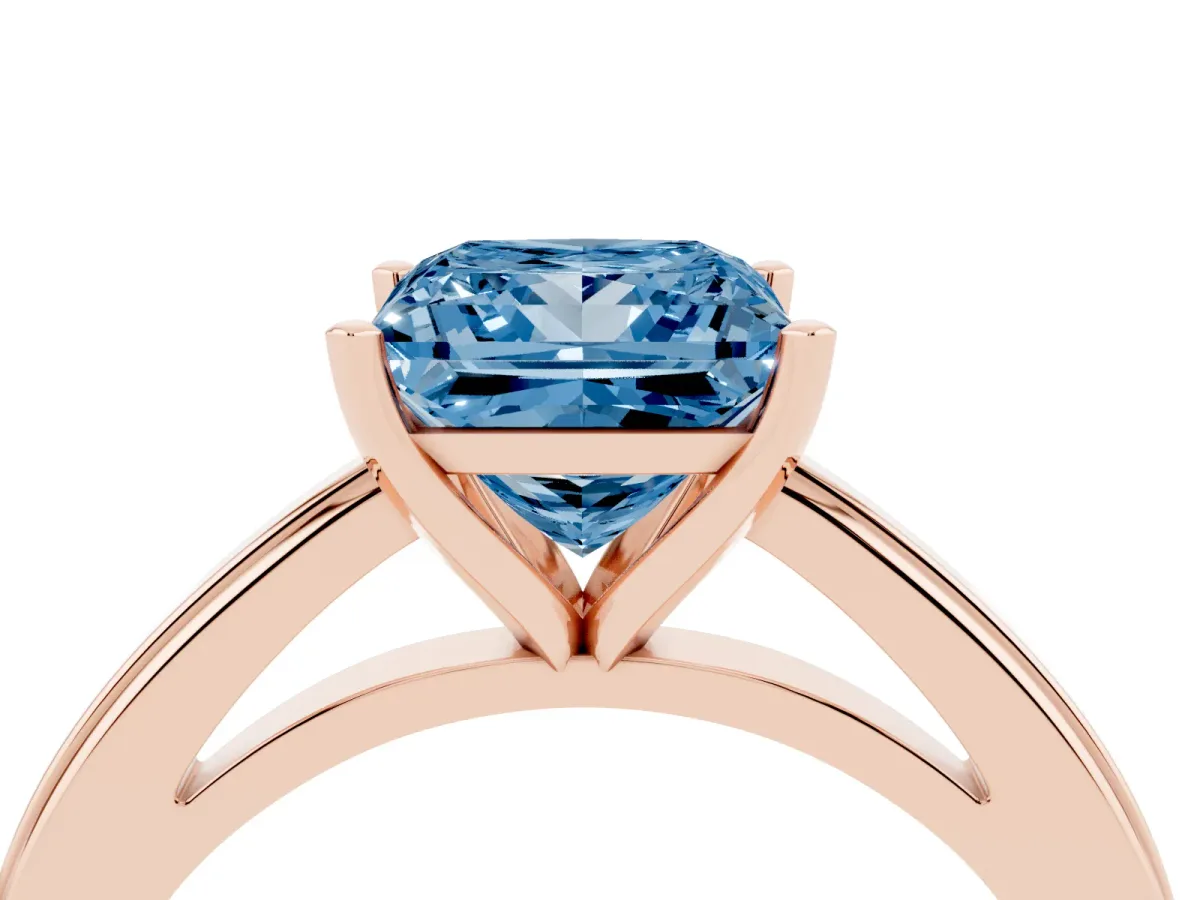 Fancy Blue Princess Cut Solitaire Diamond Ring with Four-Prong Setting and Classic Band Rose gold