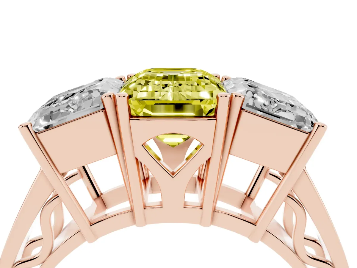 Fancy Yellow Emerald Cut Diamond Three-Stone Ring with Prong Setting and Textured Band Rose gold