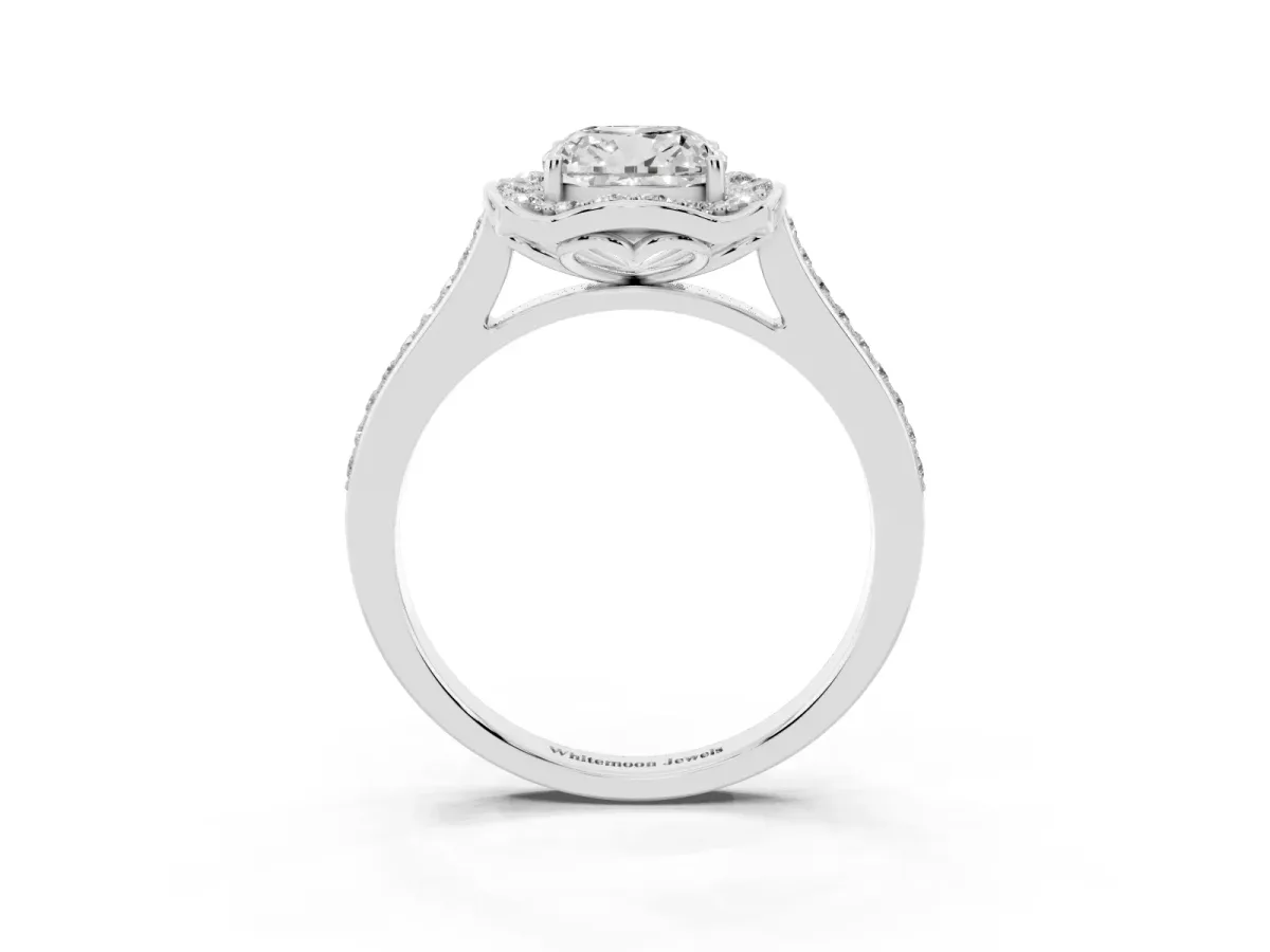 Cushion Cut Halo Round Diamond Pave Band with Four-Prong Setting Silver