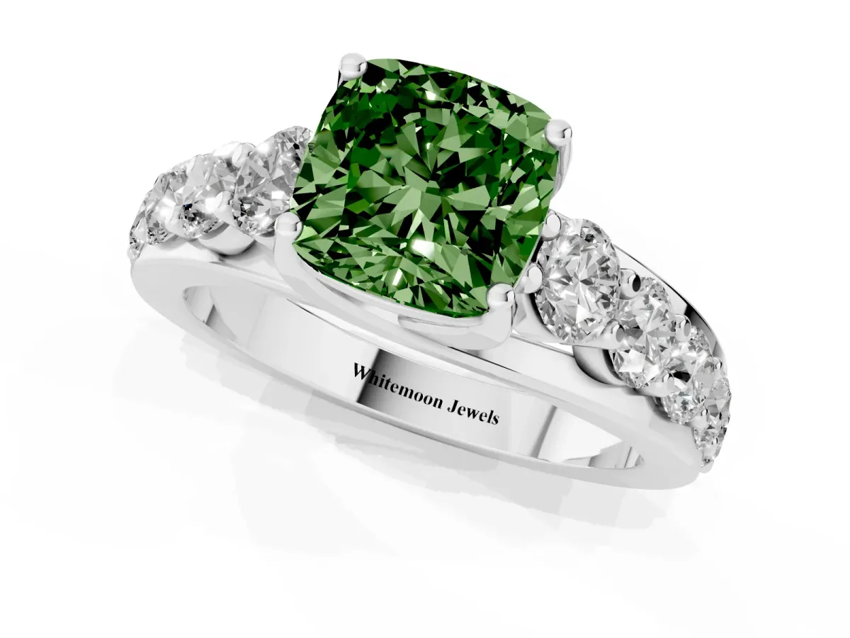 Fancy Green Cushion Cut Diamond Engagement Ring with Pavé Band and Four-Prong Setting Platinum