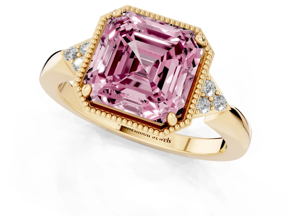 Fancy Pink Asscher Cut Diamond Halo Ring with Tapered Band and Four-Prong Setting Yellow gold