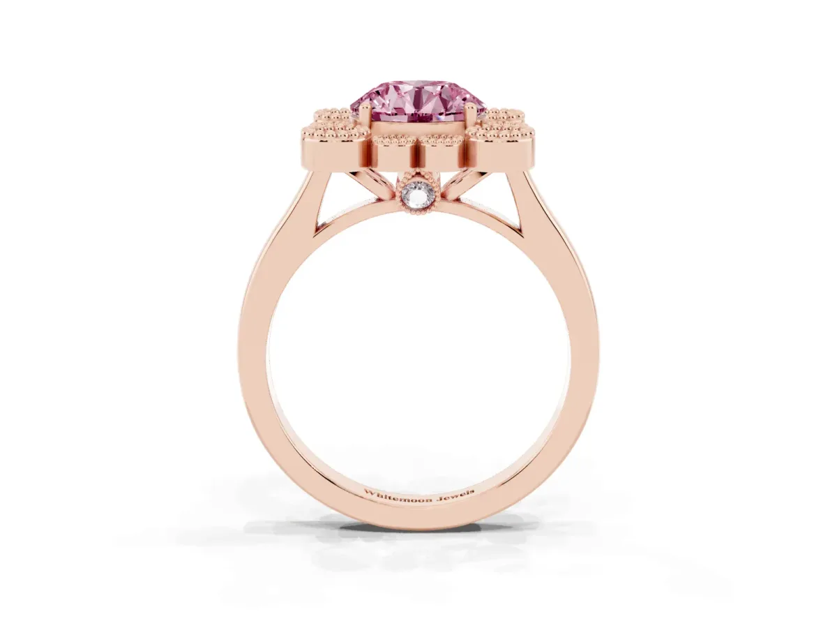 Fancy Pink Round Cut Halo Diamond Cluster Engagement Ring with Milgrain Bezel Setting and Solitaire Band Rose gold