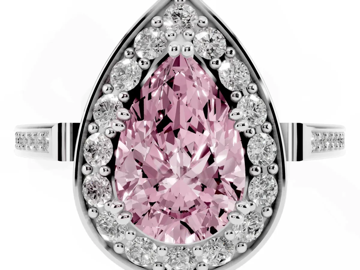 Fancy Pink Pear Cut Diamond Halo Ring with Split Shank and Four-Prong Setting Platinum