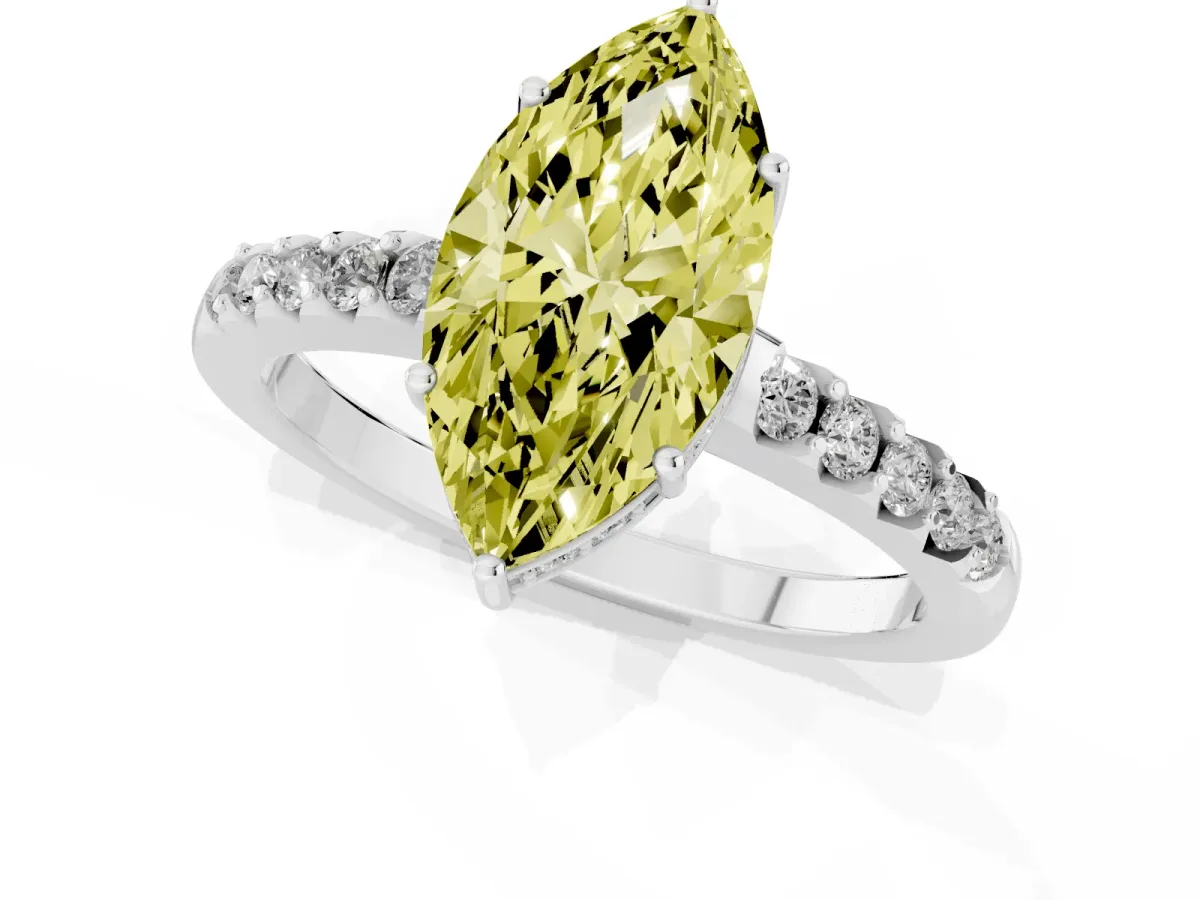 Fancy Yellow Marquise Cut Solitaire Diamond Engagement Ring with Pavé Band and Six-Prong Setting White gold