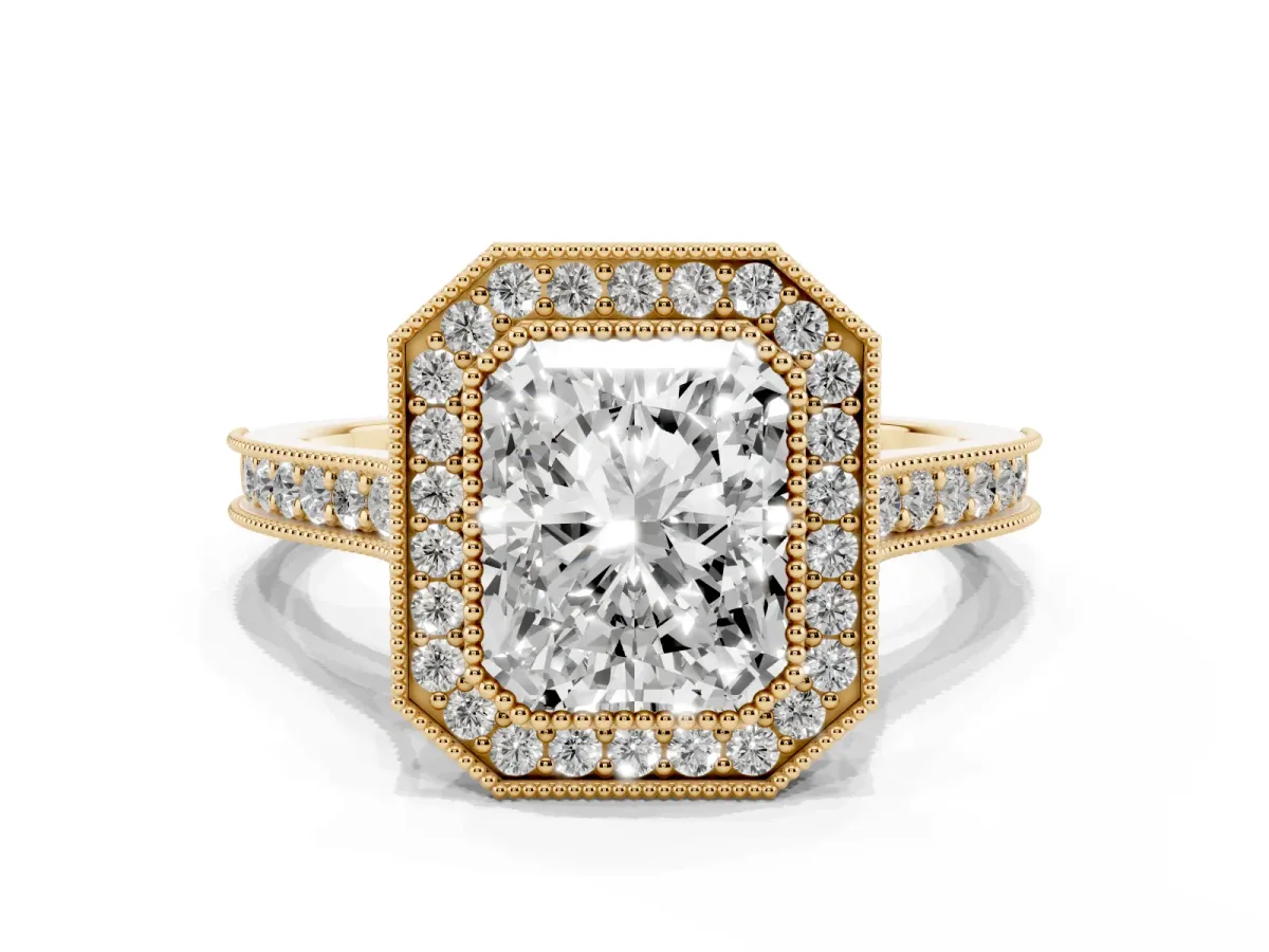 Halo Radiant Cut-Cut Diamond Pave Band Milgrain Prong Setting Ring Yellow gold
