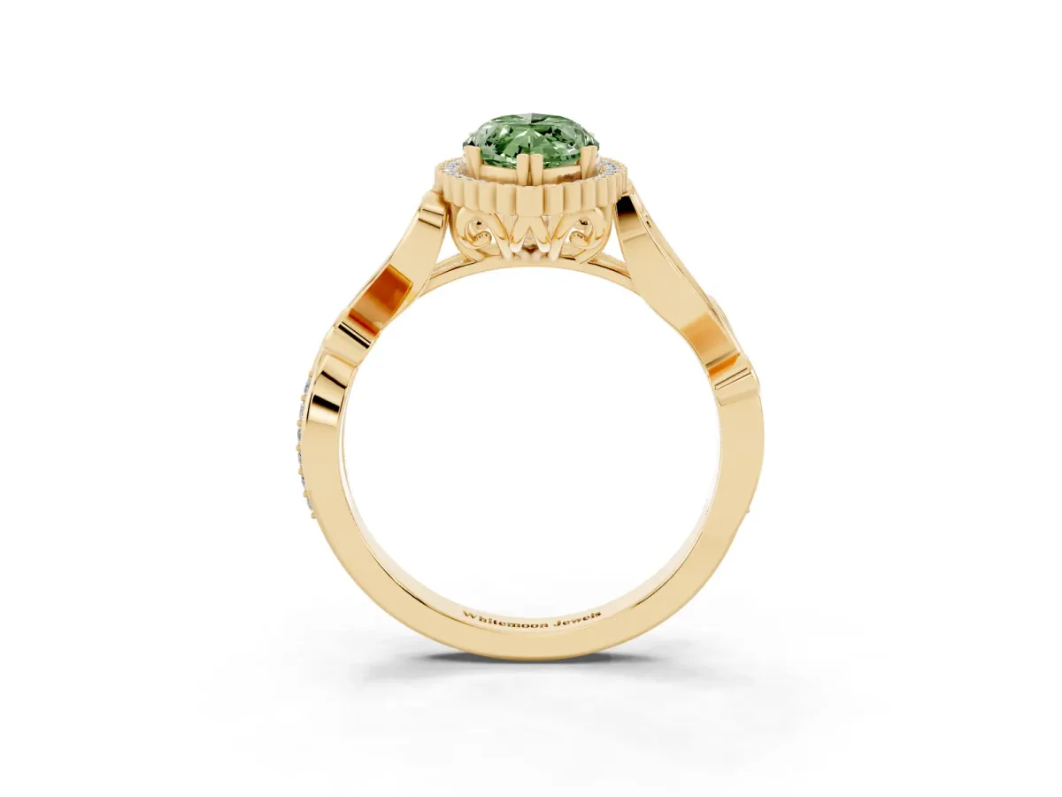 Fancy Green Marquise Cut Diamond Halo Ring with Vintage Split Shank and Four-Prong Setting Yellow gold