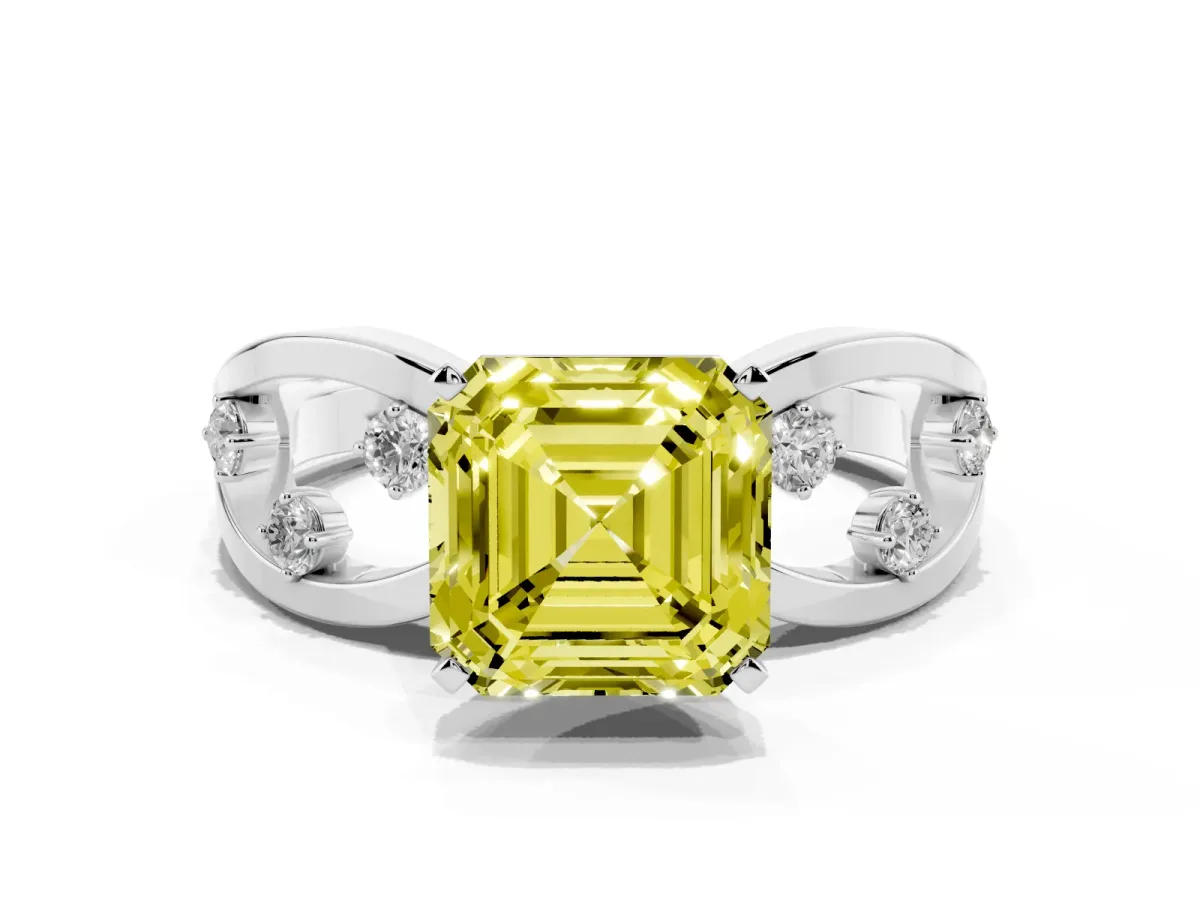 Fancy Yellow Asscher Cut Cut Solitaire Diamond with Side Stones on Criss-Cross Band and Four-Prong Setting White gold