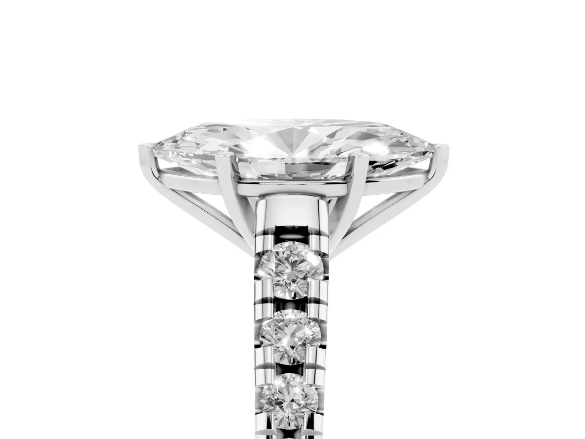 Marquise Cut Diamond Cathedral Solitaire Ring with Round Pavé Band Silver