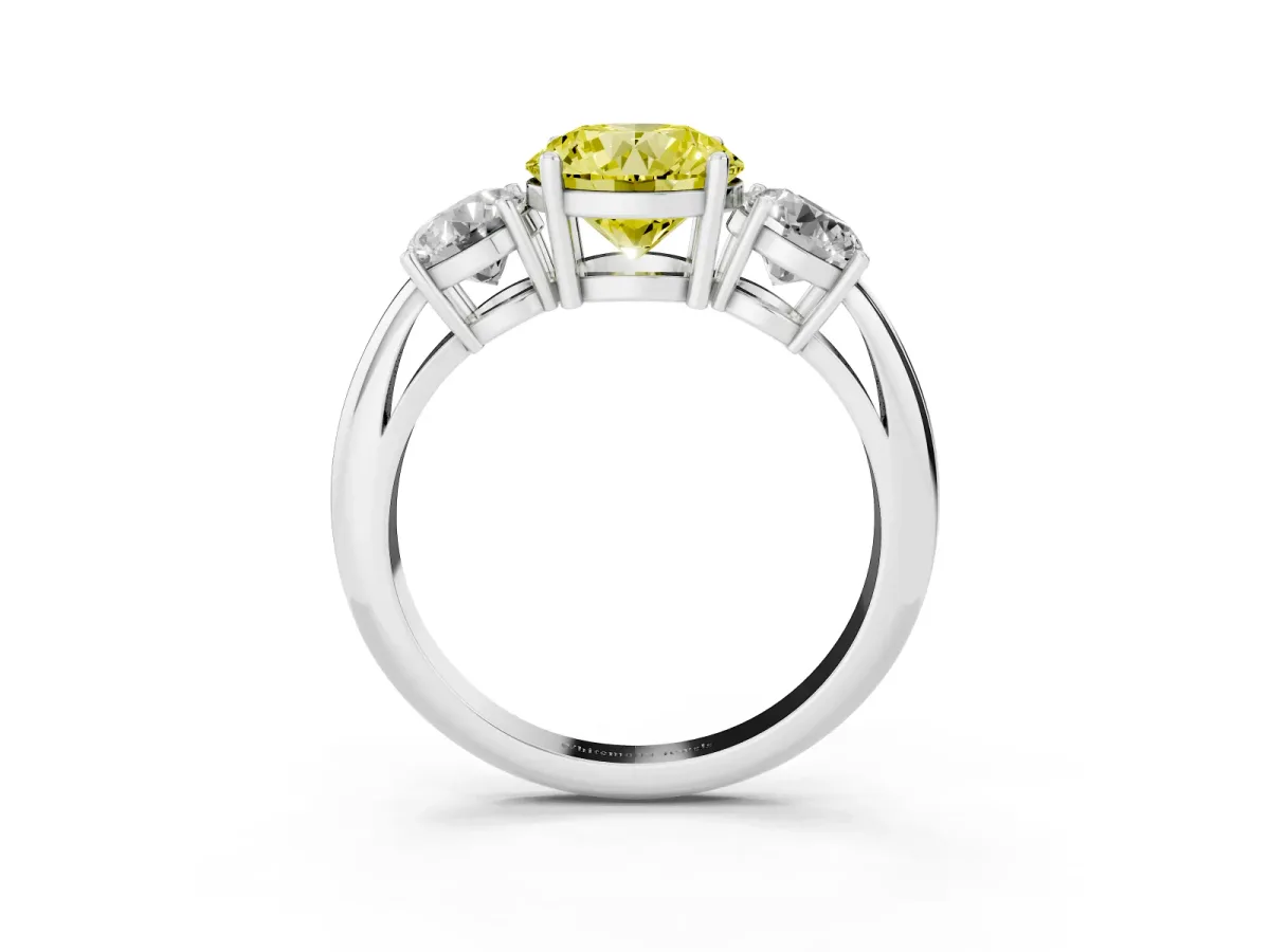 Fancy Yellow Three-Stone Round Cut Cut Diamond Engagement Ring with Prong Setting on a White Gold Band Silver